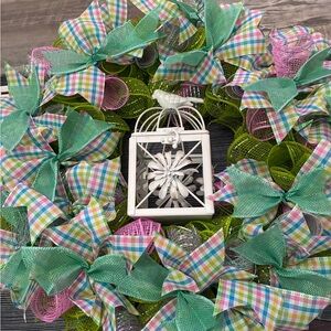 Colorful Plaid Wreath with White Birdcage Accent